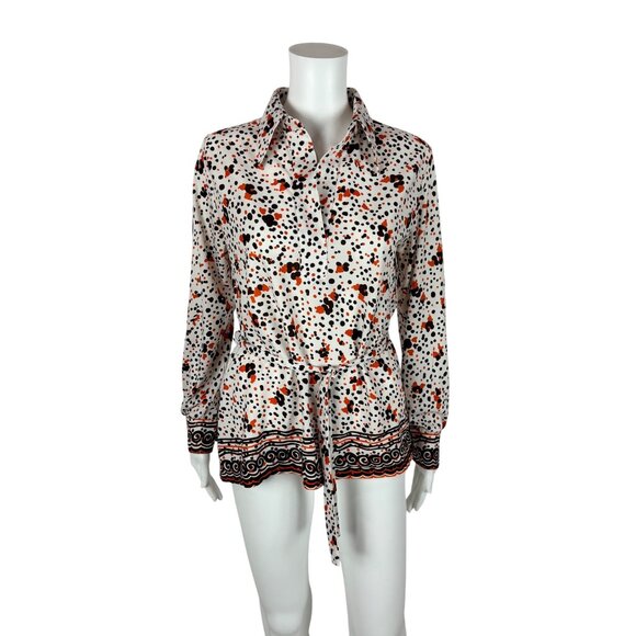 Vintage 70s Spotted Top Women's Medium Orange Brown Border Print Collared Shirt - Picture 1 of 8